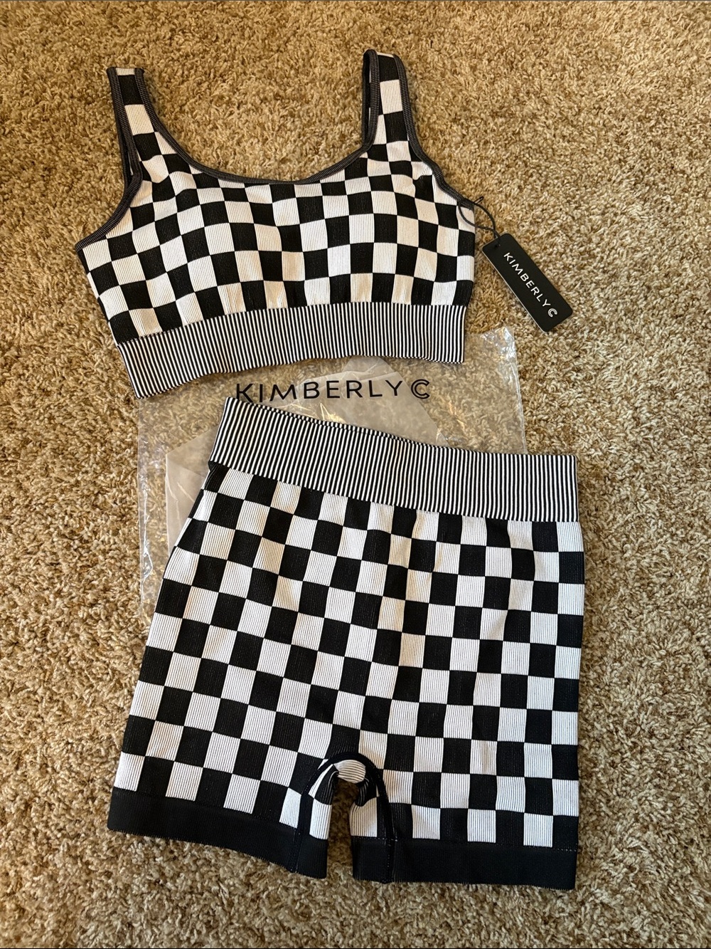 NWT Kimberly C size Medoum Black & White Checkered Knit Biker Short & Bra Set